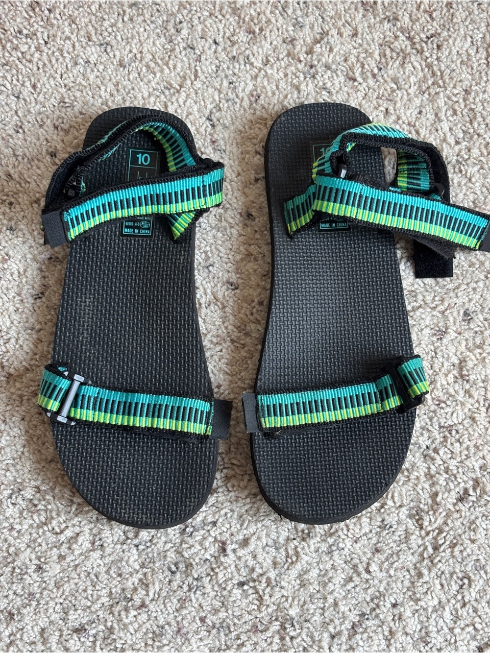Women’s Black Sandals with Green-Blue Straps — Adjustable Comfort size 10 NWOT